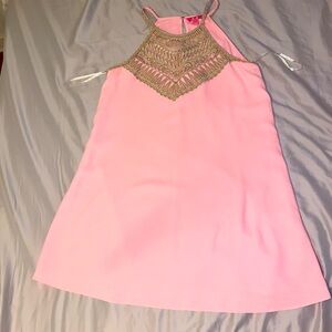 Lilly Pulitzer Pearl Soft Shift. Fun barbie pink w/gold thread cut out top.
